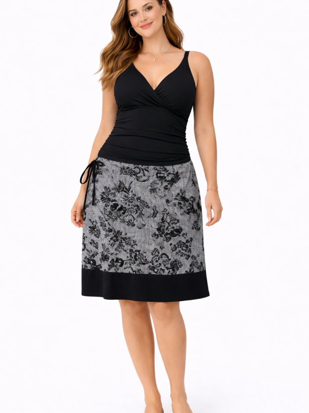 Talbots Plus 18 Gingham Check Floral Butterfly Pleated Cotton Skirt Black White